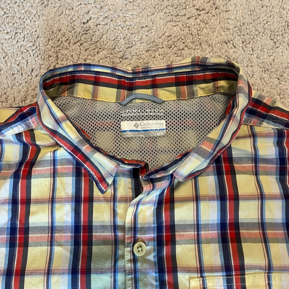 Columbia Mens Shirt Omni Wick Long Sleeve Vented Fish Camp Yellow Plaid-Large